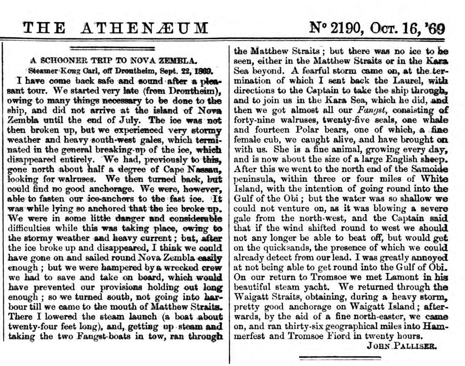 Сообщение о плавании Д. Паллисера к Новой Земле в 1869 г.