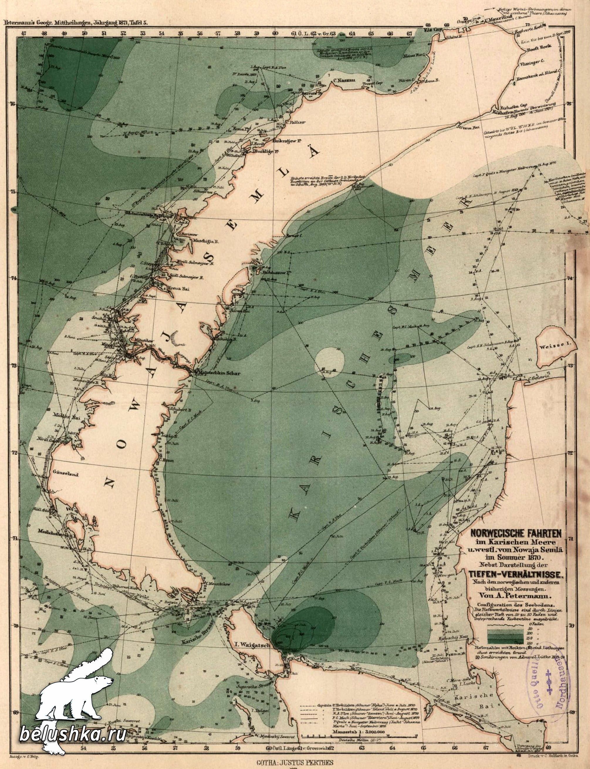 Карта плаваний норвежцев в Карском море и у восточного берега Новой Земли летом 1870 г.