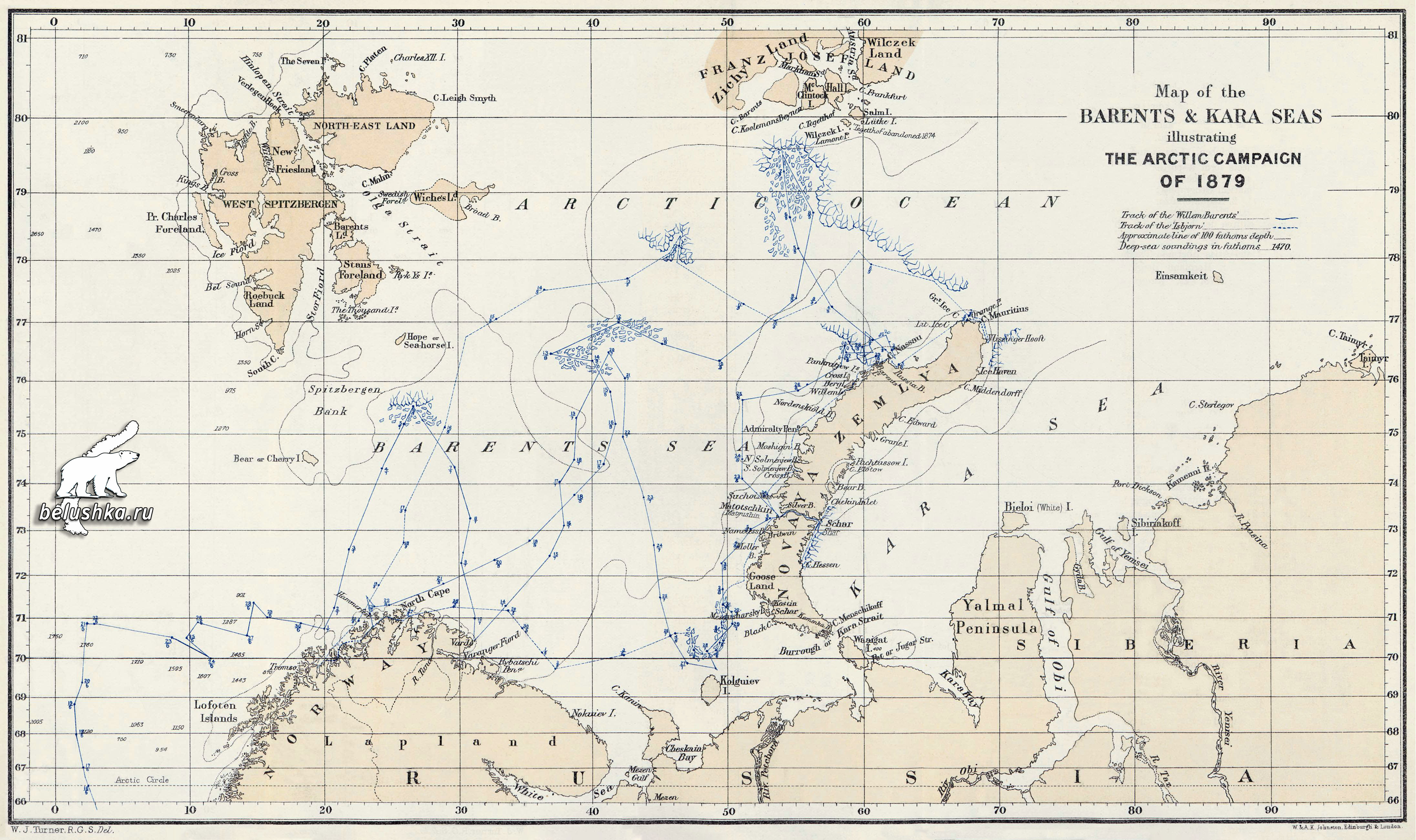 Карта Баренцева и Карского морей, иллюстрирующая арктическую кампанию 1879 г.
