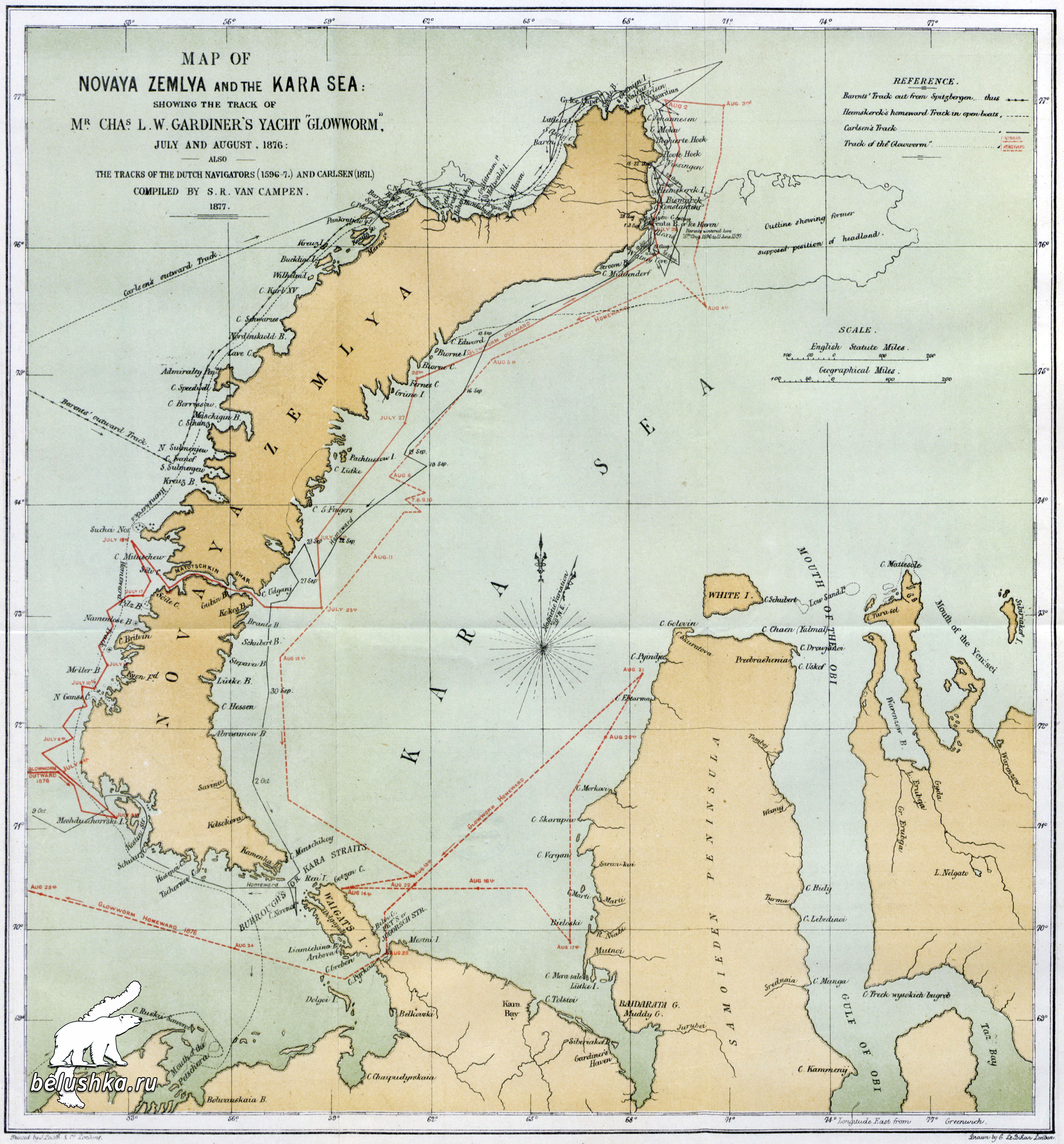 Карта маршрутов плавания В. Баренца и Э. Карлсена