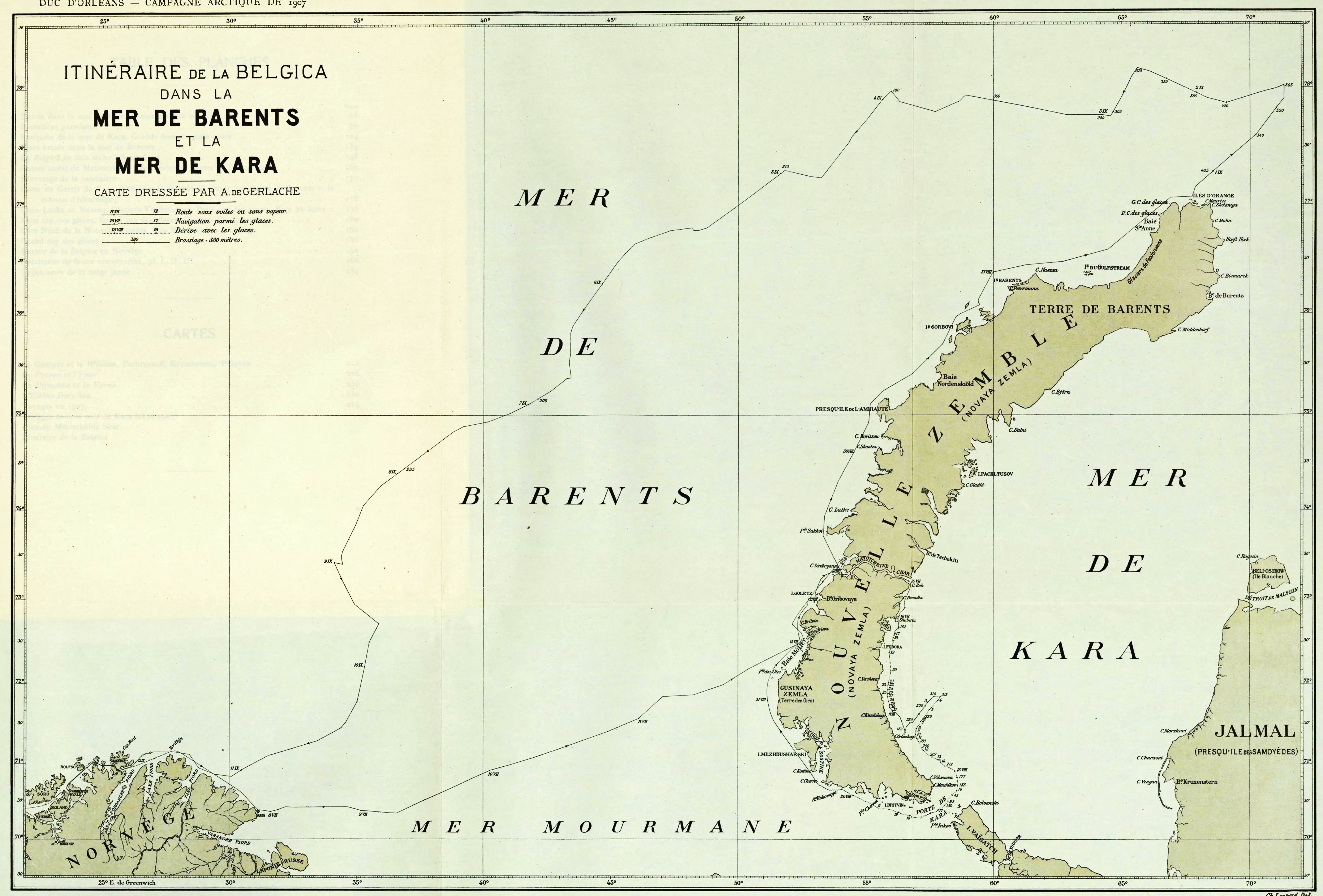 Карта плавания барки «Бельжика» в 1907 г.